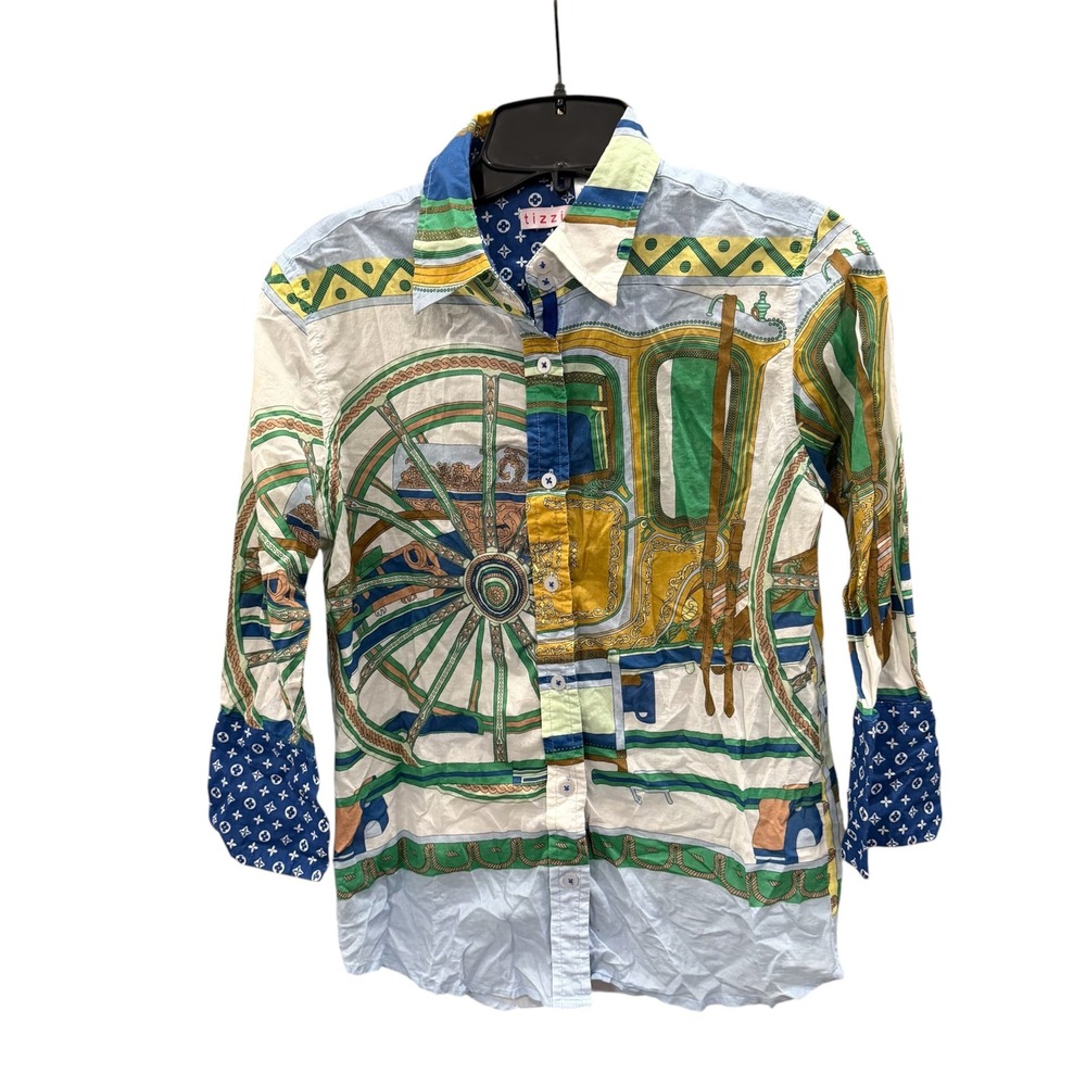 Tizzie Button Up Shirt Womens Multicolor Equestrian Carriage Scarf Print Small